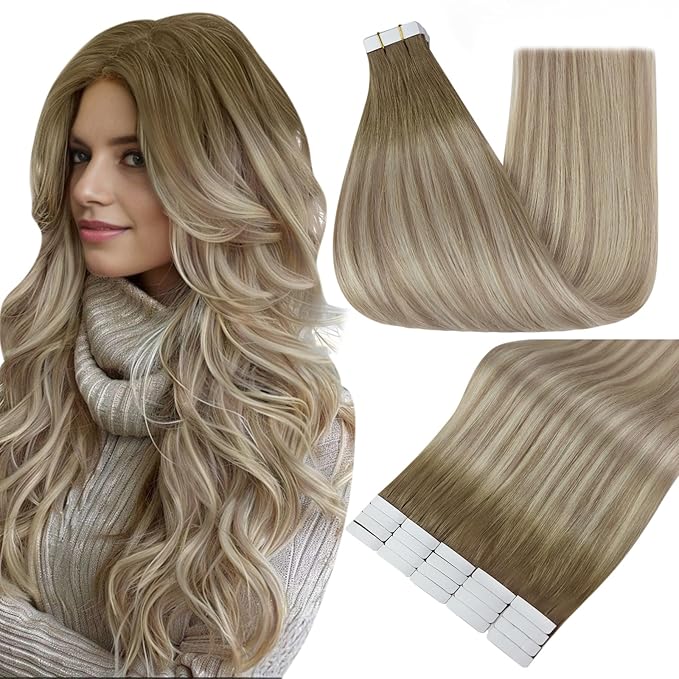Full Shine Tape in Hair Extensions 16 Inch Remy Hair Extensions Color 8/60/18 Balayage Brown and Blonde Natural Extensions 20PCS Invisible Seamless Tape in Extensions Human Hair 50g Add Volume