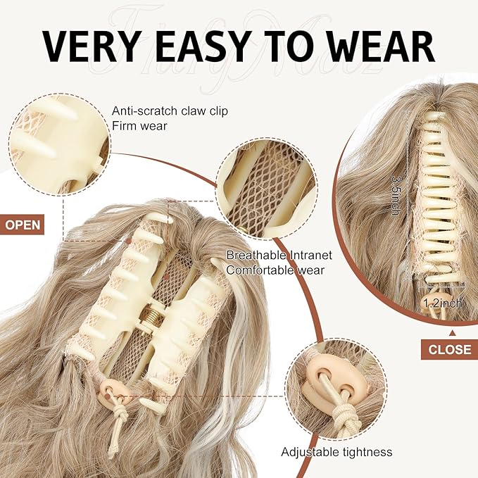 Flufymooz Ponytail Extension, 18 Inch Claw Clip Ponytail Extension, Wavy Curly Claw Clip in Pony Tail Hair Extensions, Pony Tail Synthetic Hairpiece for Women (Honey Blonde with Blonde Highlights)