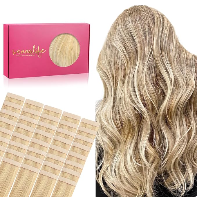 WENNALIFE Tape in Hair Extensions Human Hair, 40pcs 60g 10 inch Light Blonde Highlighted Golden Blonde Remy Hair Straight Tape in Extensions Invisible Reusable Real Hair Extensiones De Cabello Humano