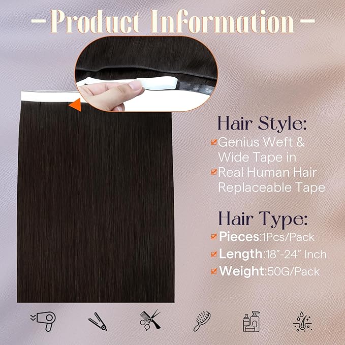 Full Shine Genius Weft Tape in Extensions Color 2 Dark Brown Seamless Adhesive Tape in Weft Hair Extensions Human Hair Double Weft 20Inch 50G One Piece Brazilian Straight Hair Bridal Hairstyles Soft