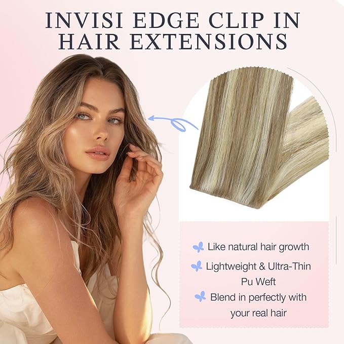 DOORES Invisi Edge Clip in Hair Extensions 18 inch 110g 7pcs, Virgin Invisible Seamless Clip in Extension Real Human Hair Injected Clipins Straight, P8/60 Light Brown Highlighted Medium Blonde
