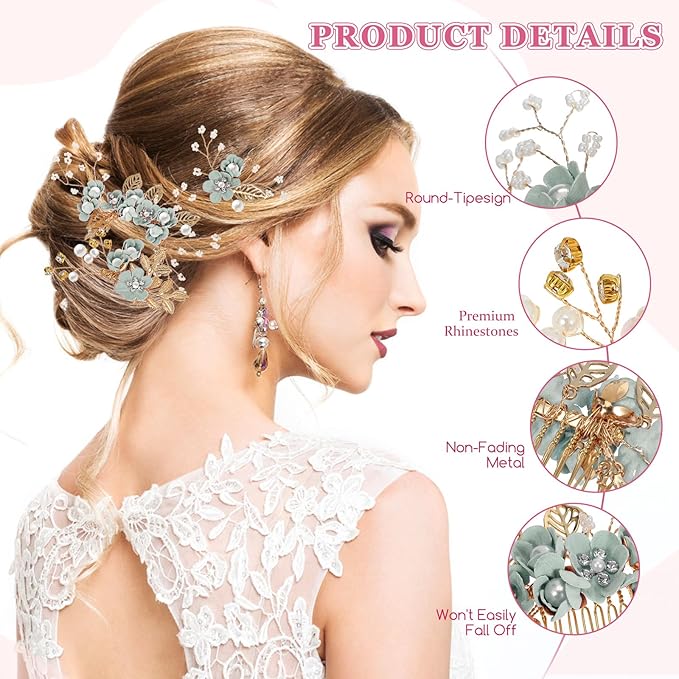 Wedding Flower Hair Accessories for Women: 4pcs Leaf and Flower Hair Combs for Women Accessories - Crystal Pearl Wedding Flower Clips Headpiece for Brides Bridesmaids Girls Updo (Green)