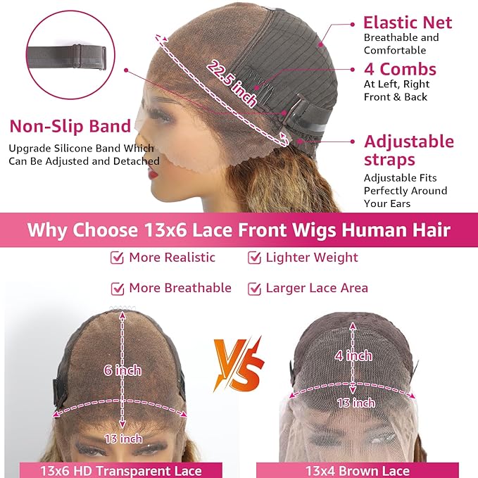 Ombre Highlight 13x6 Lace Front Wigs Human Hair HD Transparent Deep Wave Lace Front Wigs Human Hair Pre Plucked 200% Density Glueless #4/27 Colored Honey Blonde Wig for Women (26 Inch)