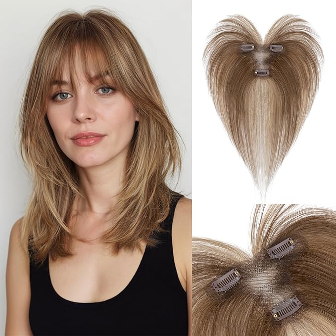 Hair Topper Human Hair Curtain Air Bangs Topper for Women, T-part Lace Base Real Human Hair Topper Hair Piece for Daily Wear(Air Bangs,Medium Brown & Dark Blonde)