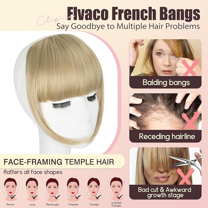 Clip in Bangs, Synthetic French Bangs Hair Clip, Ash Blonde Fake Bangs Fringe with Temples Hairpieces for Women Natural Curved Hair Extensions for Daily Wear