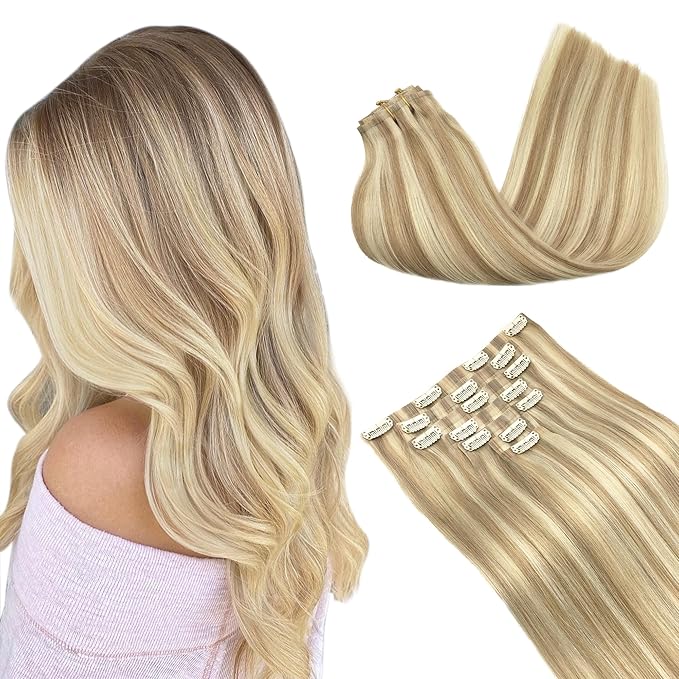GOO GOO Clip in Hair Extensions Real Human Hair, Remy Human Hair Extensions Clip ins for Women, Natural Human Hair, 24inch 160g 7Pcs, 18A/613A Dark Blonde Highlighted Bleach Blonde