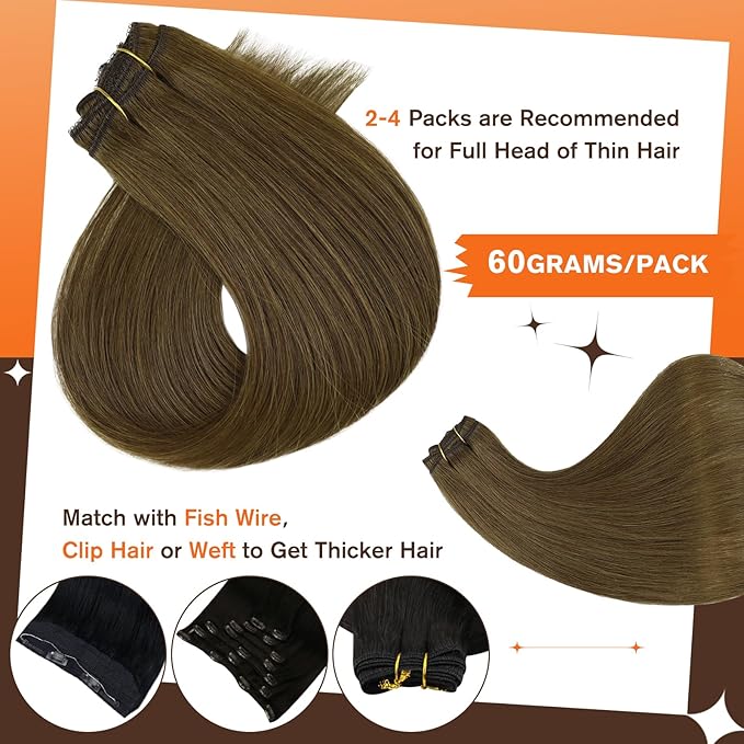 Full Shine Hair Extensions Real Human Hair Clip ins 12 Inch Brown Clip in Human Hair Extension Straight Soft Natural Brown Hair for Women Add Volume 3 PCS 60 G