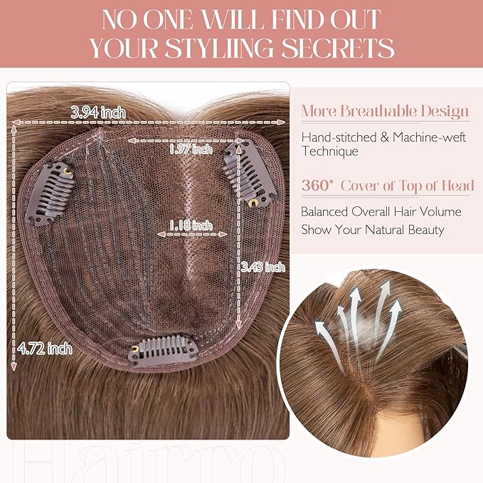 Hairro 100% Human Hair Topper No Bangs, Real Clip in Hair Hairpieces for Women, 3.94x4.72" Silk Base for Thinning Receding High Hairline, 12 Inch Mocha Brown Side Part