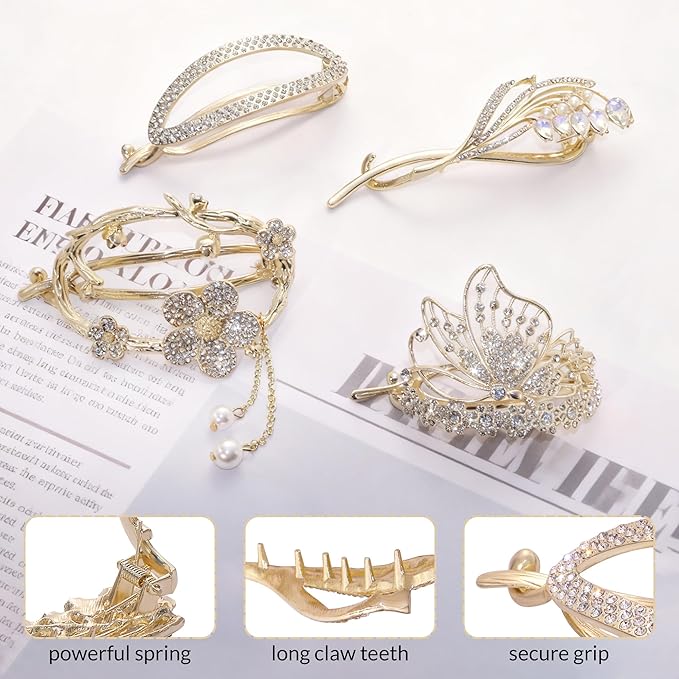 4PCS Metal Twisted Hair Claw Clips Set, Rhinestone Pearl Butterfly & Floral Hair Clamps, Medium/Thin Hair Accessories Barrettes Non Slip Jaw Hair Claw Metal Sparkly Flat Hairclips for Women