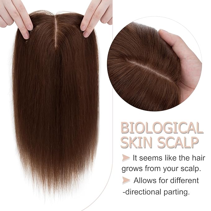 Hair Toppers for Women Real Human Hair No Bangs, 13 * 15 cm Larger Silk Base 150% Density Clip In Topper Hairpieces, Wiglet Top Pieces Add Volume -14 Inch 04 Medium Brown