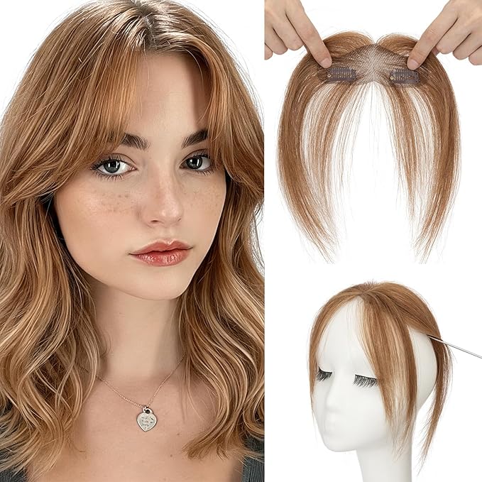 Benehair Clip on Bangs Human Hair, Front Hair Extensions for Women Hair Pieces with Temples for Daily Wear (Light Brown)