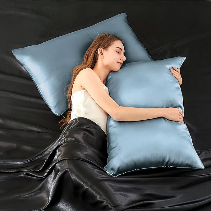 INFIIXSO Mulberry Silk Pillow Case for Hair and Skin, Silk Satin Pillowcase Standard Size with Hidden Zipper 20"x26", Extraordinary Smooth and Soft Cooling Pillow Cases for Hot Sleepers, Airy Blue