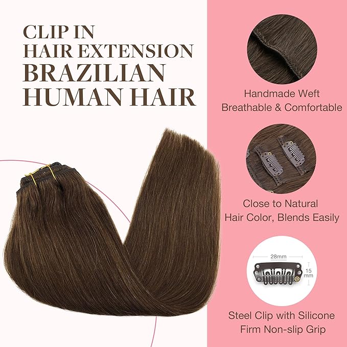 GOO GOO Clip in Hair Extensions Real Human Hair, Remy Human Hair Extensions Clip ins for Women, Natural Human Hair, 22inch 170g 7Pcs, #4A Chocolate Brown