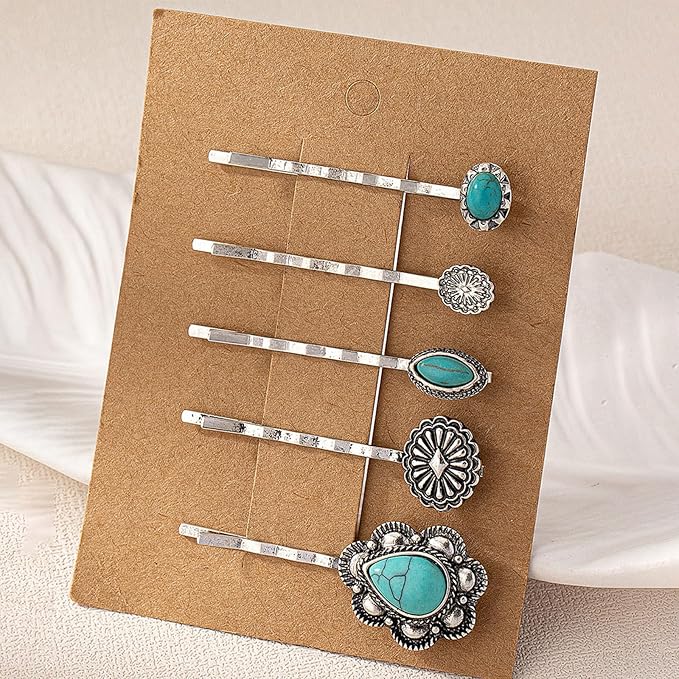 Women's Western Turquoise Hair Clips Set of 5 Decorative Bobby Pins Boho Hair Barrettes