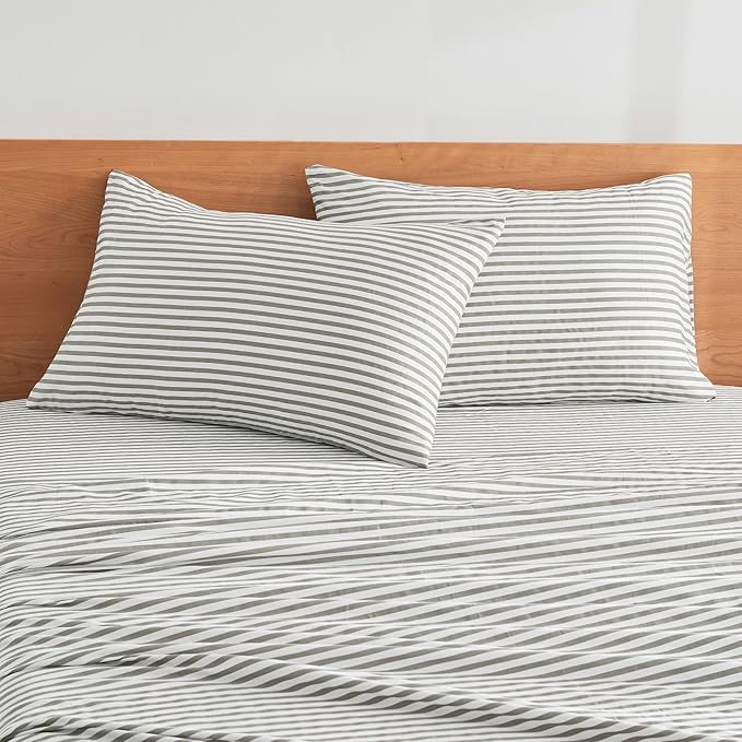 JELLYMONI 100% Natural Cotton Striped Standard Pillowcases Set, 4 Pack White and Grey and Green Stripes Pillow Covers with Envelope Closure(Pillows are not Included)