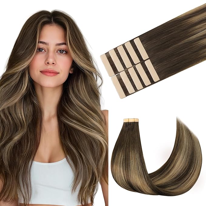 GOO GOO Tape in Hair Extensions Human Hair, 4/27/4 Balayage Chocolate Brown to Caramel Blonde, 14inch 25g 10pcs, Skin Weft Seamless Invisible, Silky Straight with Thick Ends, Remy Human Hair
