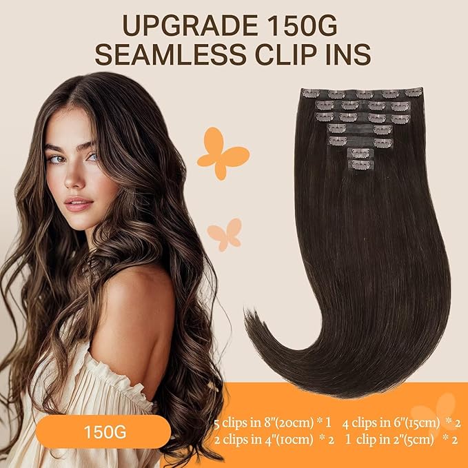DOORES Clip in Hair Extensions Real Human Hair, Light Dark Brown 150g 7pcs 20 Inch Virgin Clip in Extensions Invisible Edge Straight Natural Weft