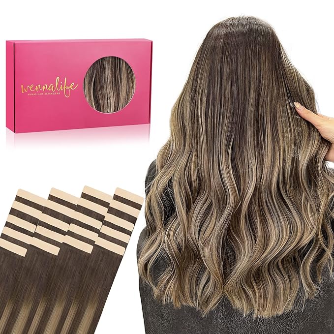WENNALIFE Tape in Hair Extensions Human Hair, 20pcs 30g 10 inch Balayage Chocolate Brown to Honey Blonde Remy Hair Extensions Straight Human Hair Tape in Extensions Skin Weft Tape Extensions