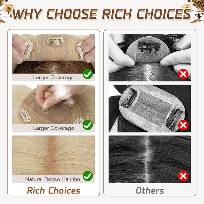 Rich Choices Hair Toppers for Women Real Human Hair 100% Human Remy Toppers NO Bangs for Women with Thinning on Top Clip in Hairpiece 4"x4.7"Lace Base 10 Inch #613 Bleach Blonde