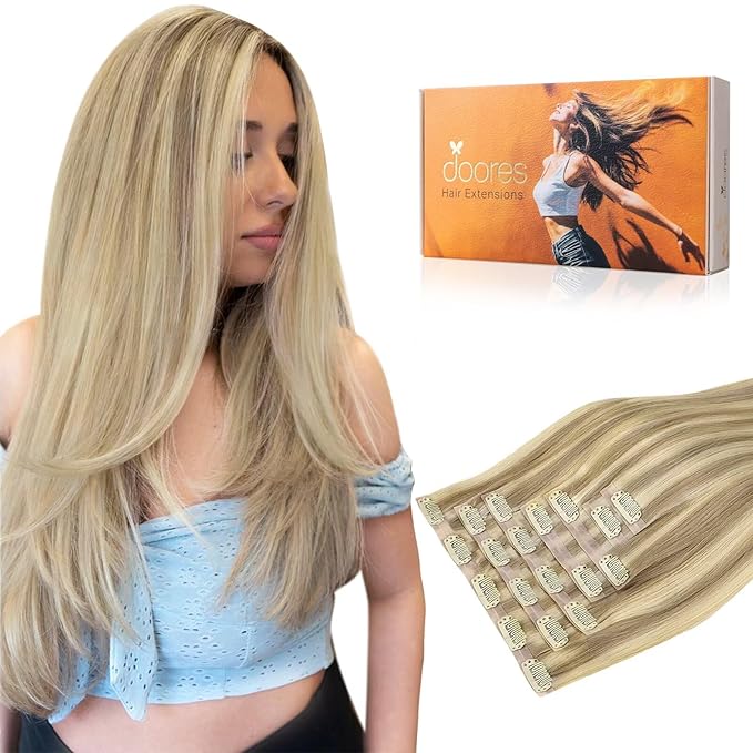 DOORES Seamless Clip in Hair Extensions Real Human Hair, Light Blonde Highlighted Golden Blonde 20 Inch 110g 7pcs, Human Hair Extensions Seamless Clip in Invisi Edge Hair Extensions Straight Hair