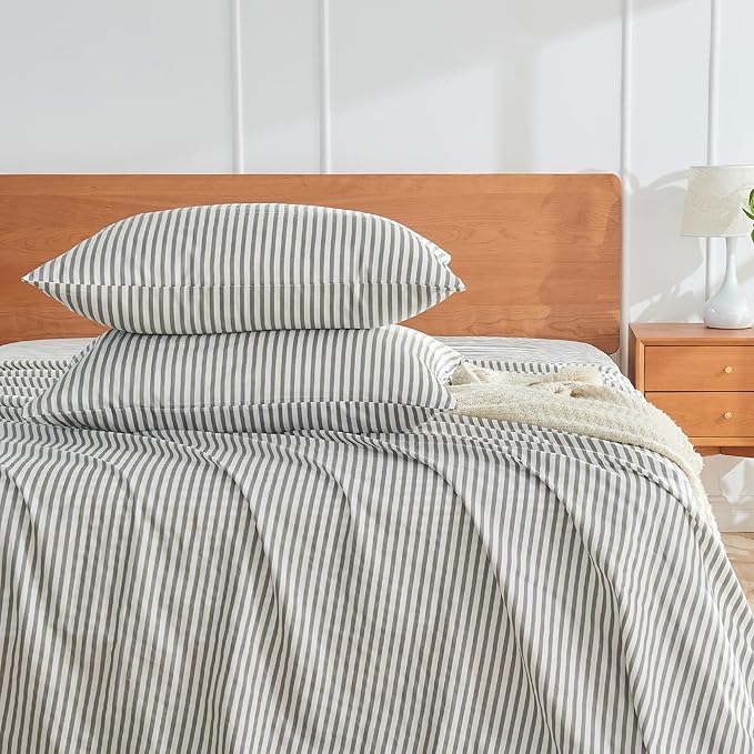 JELLYMONI 100% Natural Cotton Striped Pillowcases Set, 2 Pack White and Grey Vertical Stripes Pattern Printed Pillow Covers with Envelope Closure(Pillows are not Included)-King(20"×40")