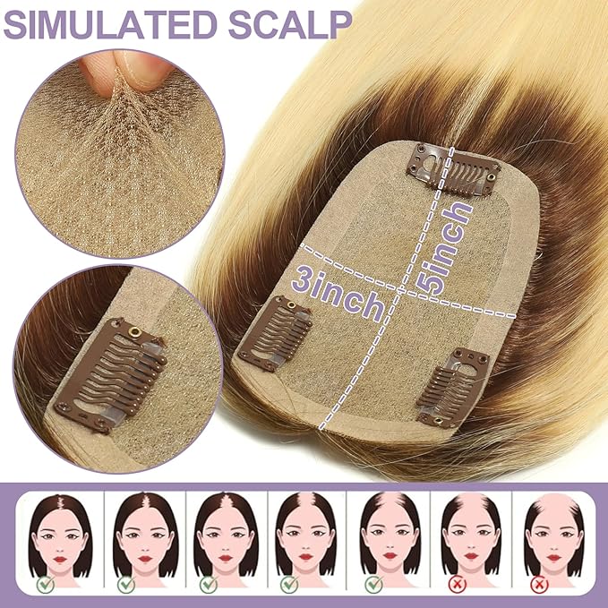 Womens Real Human Hair Toppers for Thin Hair #T3/60, 12 Inch Length 3x5 Inch Injected Silk Base 130% Density Hair Pieces