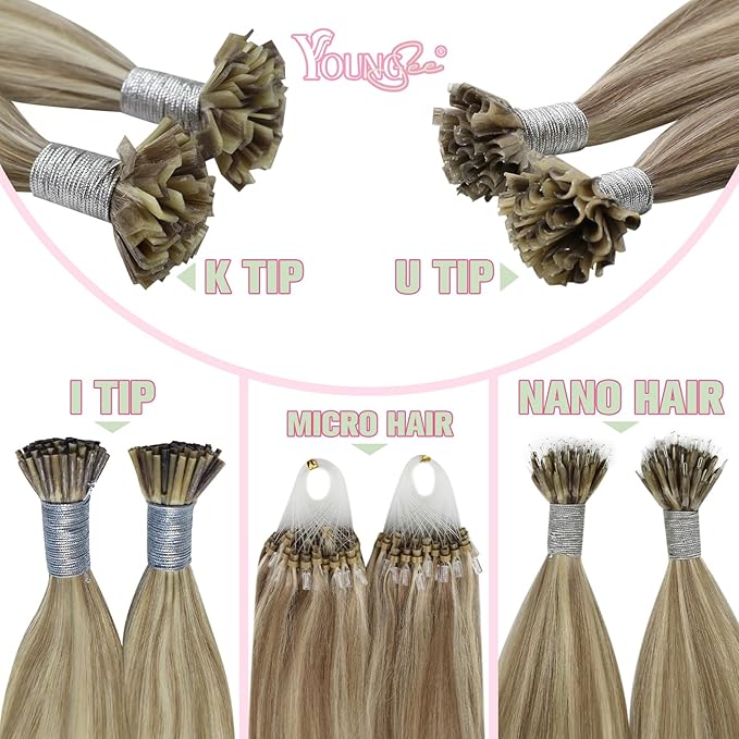 YoungSee K Tip Hair Extensions Light Brown Highlight K Tips Human Hair Extensions Light Brown Highlight Blonde 18In 50s/50g