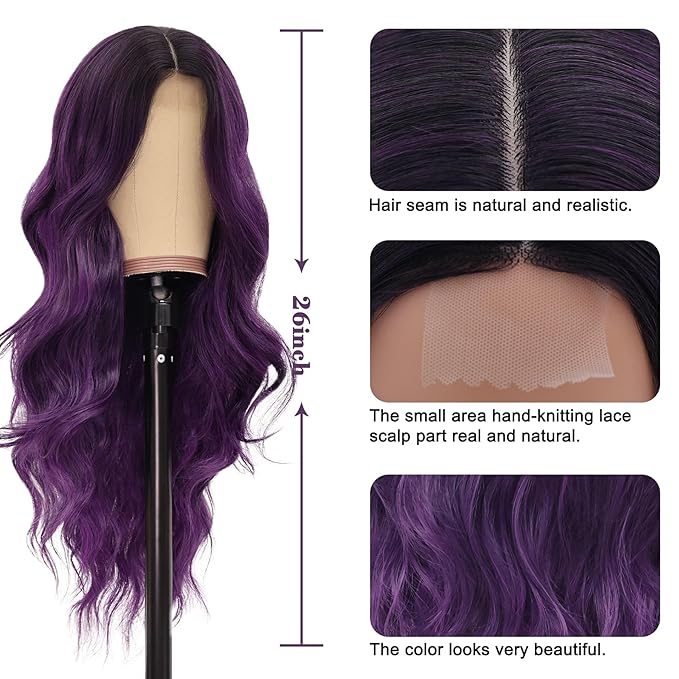 NAYOO Long Ombre Purple Wavy Wig for Women 26 Inch Middle Part Curly Wavy Wig Natural Looking Synthetic Heat Resistant Fiber for Daily Party (Ombre Purple)