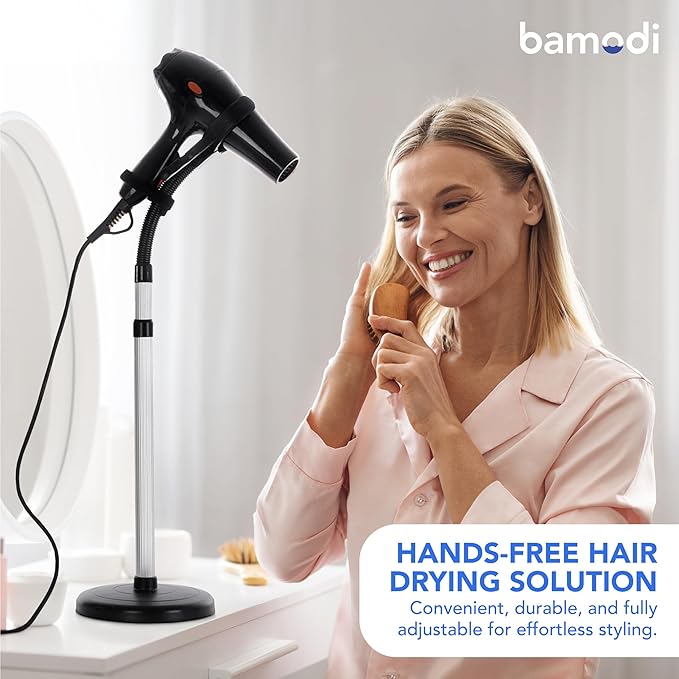 Bamodi Hair Dryer Holder Black - Hands-Free Hair Drying Metal Stand with 360° Rotation, Adjustable Height - Countertop or Wall Mount - Stylish and Convenient Storage Solution for Bathroom