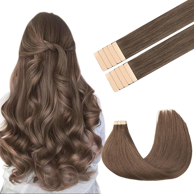 GOO GOO Tape in Hair Extensions Human Hair, 5 Light Ash Brown, 16inch 25g 10pcs, Skin Weft Seamless Invisible, Silky Straight with Thick Ends, Remy Human Hair