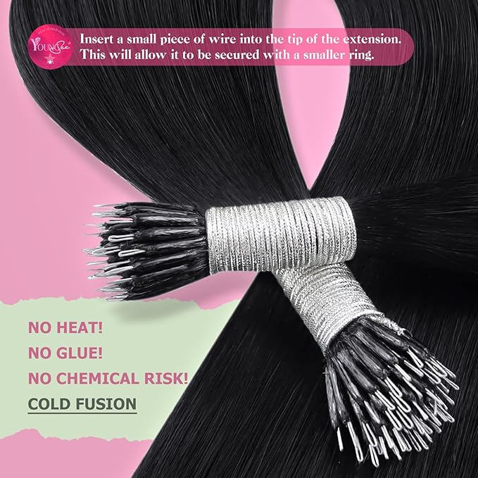 YoungSee Black Nano Ring Hair Extensions Human Hair 24 Inch Nano Beads Hair Extensions Jet Black Nanoring Hair Extension Real Human Hair Cold Fusion Nano-Tip Hair Extension for Long Hair 50s 50g