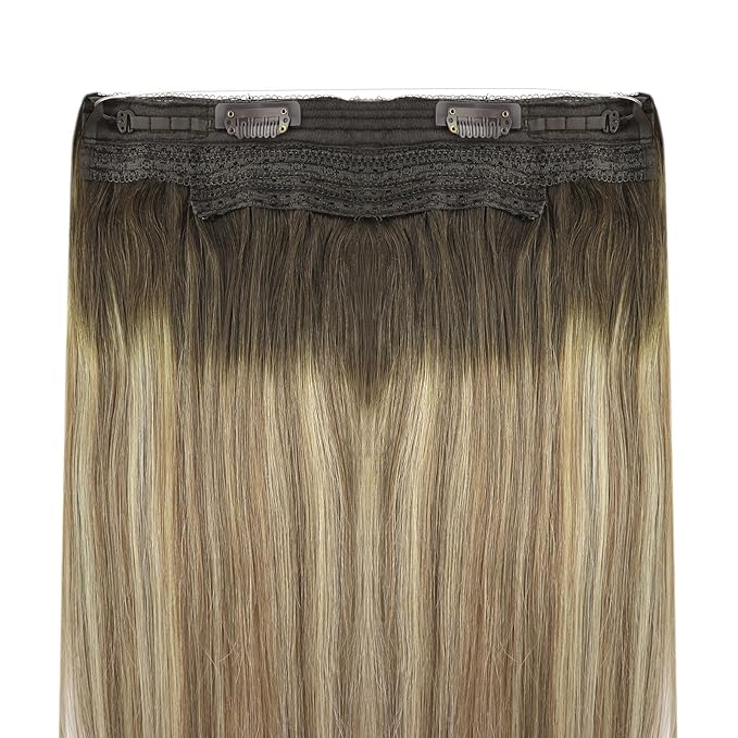 YoungSee 100G Wire Hair Extensions Real Human Hair Brown Balayage Wire Human Hair Extensions Walnut to Light Brown with Blonde Fish Line Hair Extension for Women 20inch