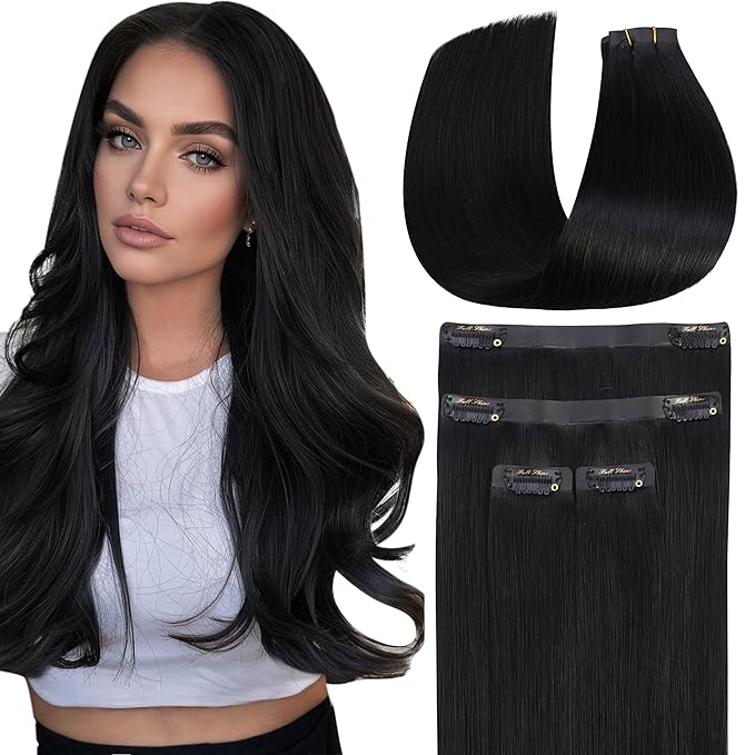 Full Shine Seamless Clip in Hair Extensions, 12Inch Thinning Hair Extensions Fill Ins, Black Clip in Hair Extensions Remy Human Hair for Women, Add Thickness Color1 4PCS 55g