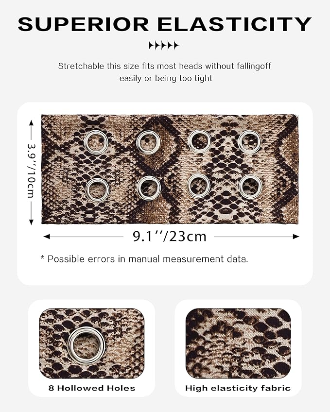 Grommet Headband for Women, Brown Snakeskin 23cm Hollow Out Elastic Hair Band, Eyelets Punk Grunge Stylish Hairband