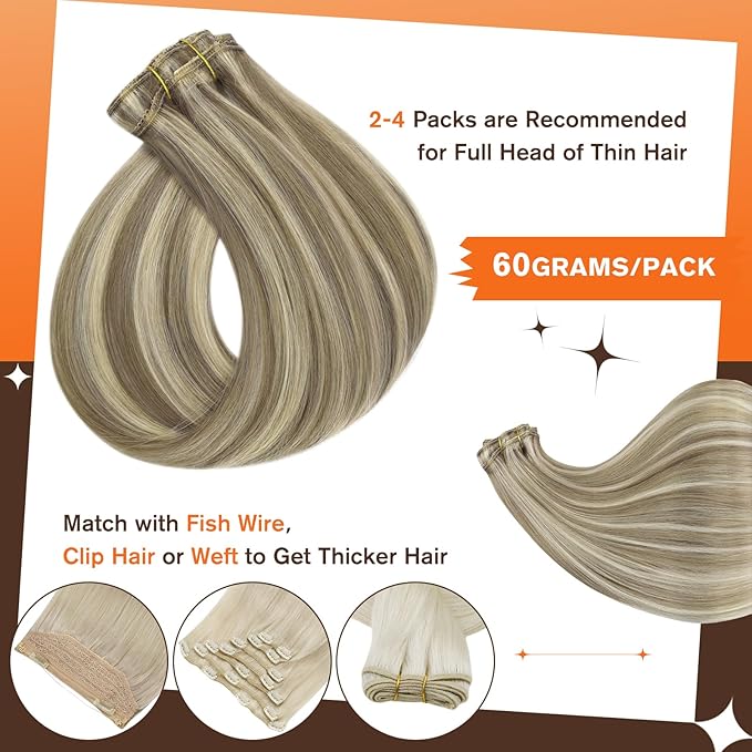 Full Shine Clip in Hair Extensions Real Human Hair 20 Inch Ash Blonde hair extensions Ash Brown With Blonde Remy Hair Extensions Highlights Human Hair Straight Long Remy Hair 3Pcs 60G