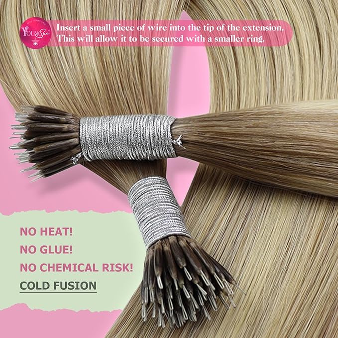 YoungSee Nano Beads Hair Extensions Human Hair Ombre Nano Extensions Human Hair Light Brown with Platinum Blonde Hair Nano-Tip Hair Extension 22inch Long Hair for Wedding 50g 50s