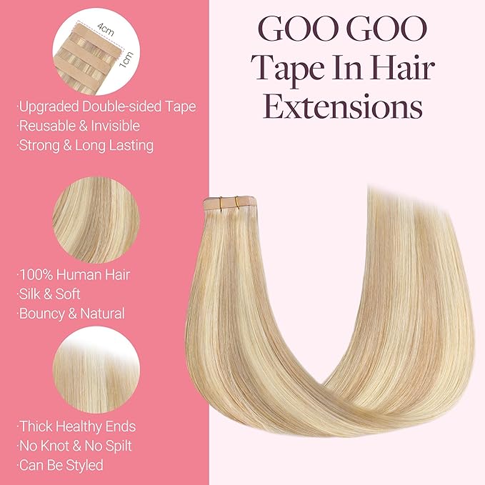 GOO GOO Tape in Hair Extensions Human Hair, 18F/60A Balayage Light Wheat Platinum Blonde, 14inch 50g 20pcs, Skin Weft Seamless Invisible, Silky Straight with Thick Ends, Remy Human Hair