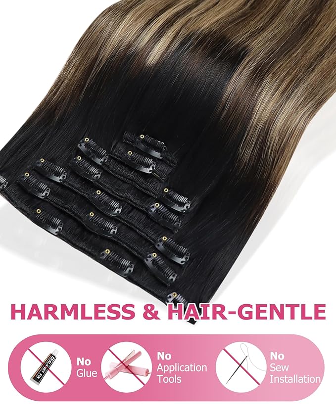 YoungSee 135G Clip in Human Hair Extensions Black Ombre Hair Extensions Clip ins Balayage Black Roots to Brown with Caramel Blonde Clip on Hair Extension Real Human Hair 18In 7Pcs