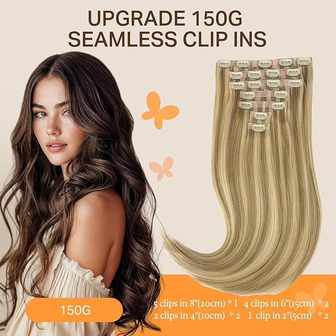 DOORES Seamless Clip in Hair Extensions, Light Blonde Highlighted Golden Blonde 150g 7pcs 22 Inch, Virgin Invisible Edge Human Hair Clip in Extensions