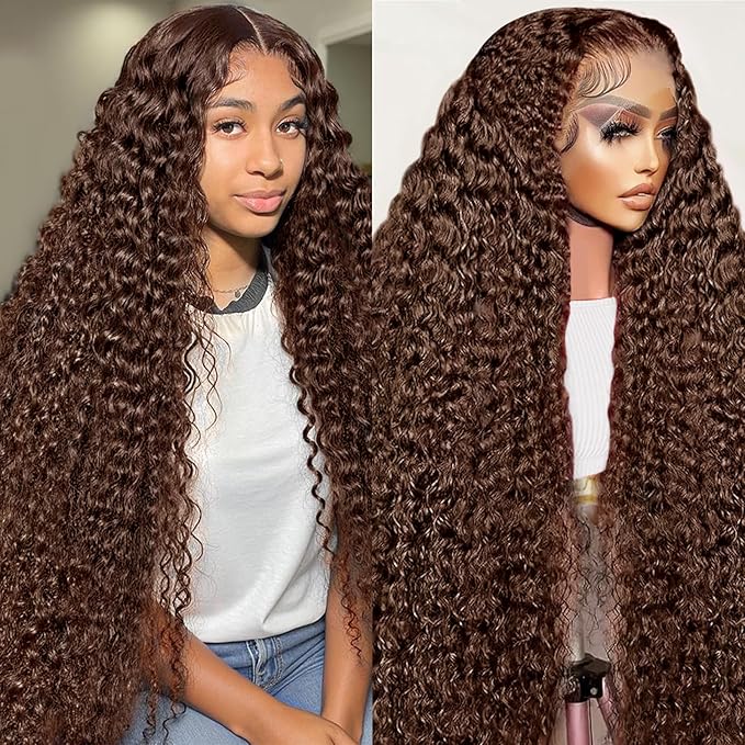 Deep Wave Lace Front Wigs Human Hair Chocolate Brown 13x6 HD Lace Front Wigs Pre Plucked Deep Curly Wigs Wet and Wavy Human Hair Frontal Wigs with Baby Hair 200% Density (32 Inch)