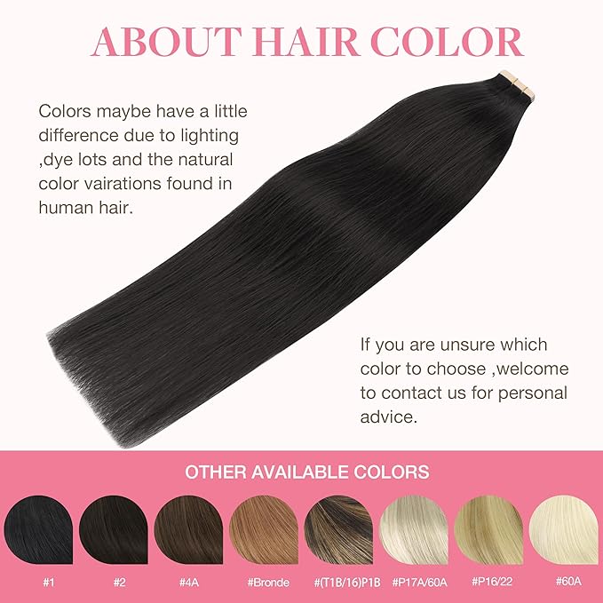 GOO GOO Tape in Hair Extensions Human Hair, 1B Natural black, 10inch 60g 40pcs, Skin Weft Seamless Invisible, Silky Straight with Thick Ends, Remy Human Hair