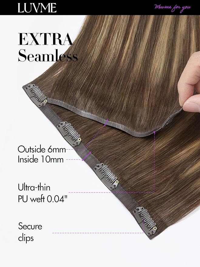 LUVME Straight Seamless 110g 7Pcs Clip in Hair Extensions Full Max with 24inch Remy Human Hair Extensions, Highlight Color 100% Real Soft Human Hair