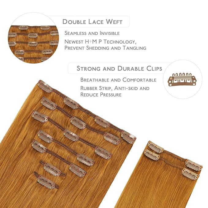 WENNALIFE Clip in Hair Extensions Real Human Hair, 22 Inch 150g 9pcs Human Hair Extensions Clip In, Auburn Ginger Hair Extensions Clip In Real Hair Coloured Remy Human Hair Extensions