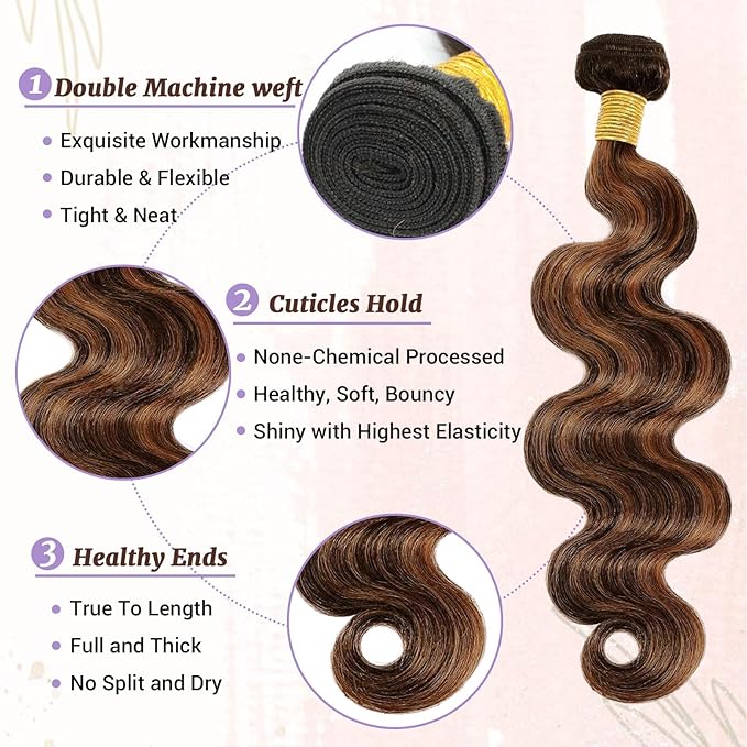 P1B/30 Body Wave Human Hair Bundles Highlight Brown Color Body Wave Bundle 100% Real Human Hair And True To Length 10 12 14 Inch 3 Pcs/Pack