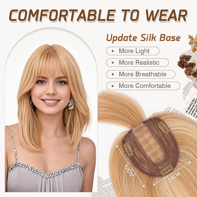 Rich Choices Hair Toppers for Women Real Human Hair 100% Remy Human Hairs Topper With Bang for Thinning Hairs Clip in Silk Base Topper 10 Inch #12P613 Golden Brown Mix Bleach Blonde
