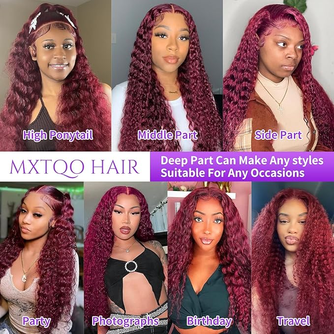 16 Inch 99J Burgundy Lace Front Wigs Human Hair Deep Wave 13x6 HD Lace Front Wigs Pre Plucked with Baby Hair Wet and Wavy Human Hair Wig 200% Density Deep Curly Frontal Wigs for Black Women