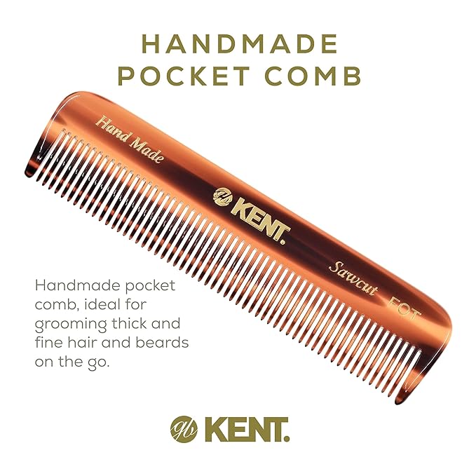 Kent A FOT Tortoise Fine Tooth Handmade Pocket Comb for Men, Women and Kids, Hair Comb Straightener for Everyday Grooming and Styling, Beard and Mustache, Saw Cut and Hand Polished, Made in England