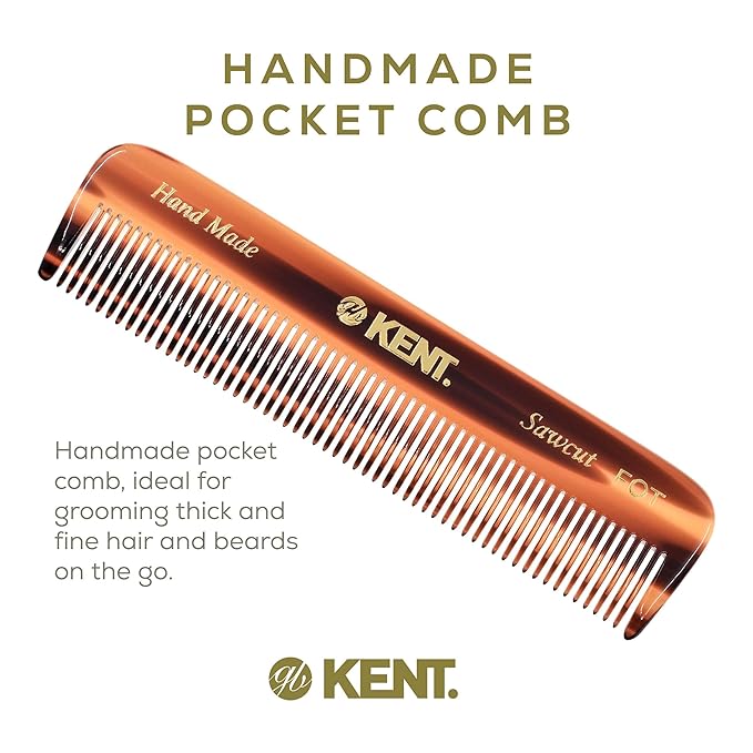 Kent A FOT Handmade Tortoiseshell All Fine Tooth Pocket Comb for Men, Hair Comb Straightener for Everyday Grooming Styling Hair, Mustache Beard, Saw Cut and Hand Polished, Made in England