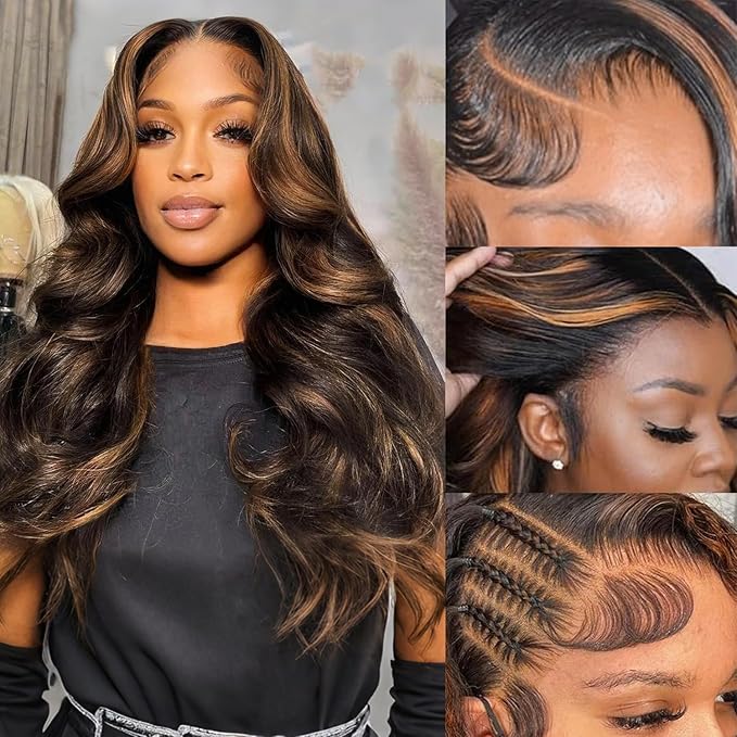 Ombre Lace Front Wig Human Hair Highlight Body Wave Lace Front Wigs Human Hair Pre Plucked 13x4 Transparent Lace Frontal Wig 200 Density Glueless 1B/30 Highlighted Wigs 20 Inch