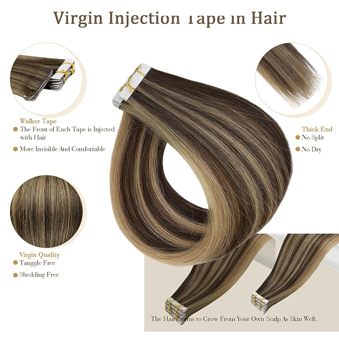 Full Shine Injection Tape in Hair Extensions Human Hair Color BM Virgin Tape in Extensions Seamless Invisible Skin Weft Hair Extensions Straight 22 Inch for Women Add Length 12.5Gram 5Pcs
